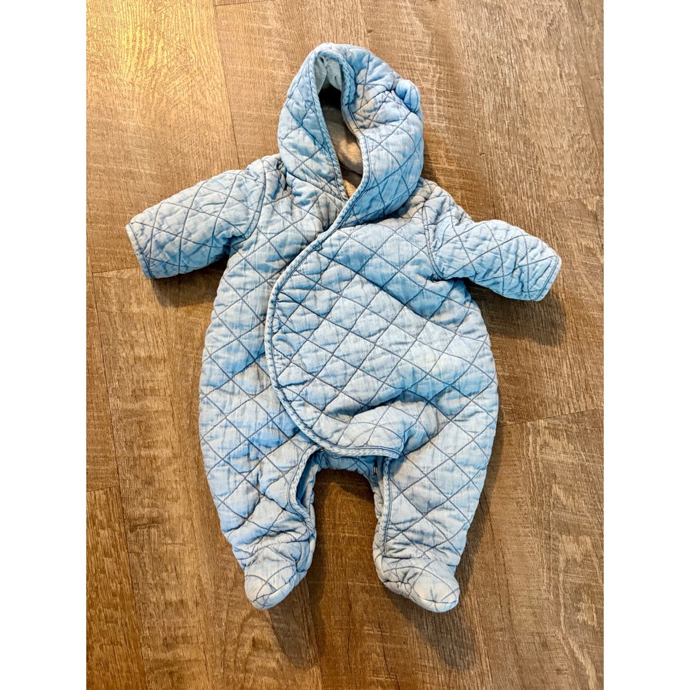 Baby Gap Denim Quilted Bunting Bear Ear Hooded Snowsuit Light Blue 0-3 Months